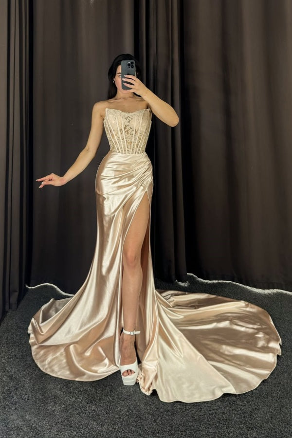 Champagne Strapless Split Mermaid Long Elegant Prom Dress ssr0288