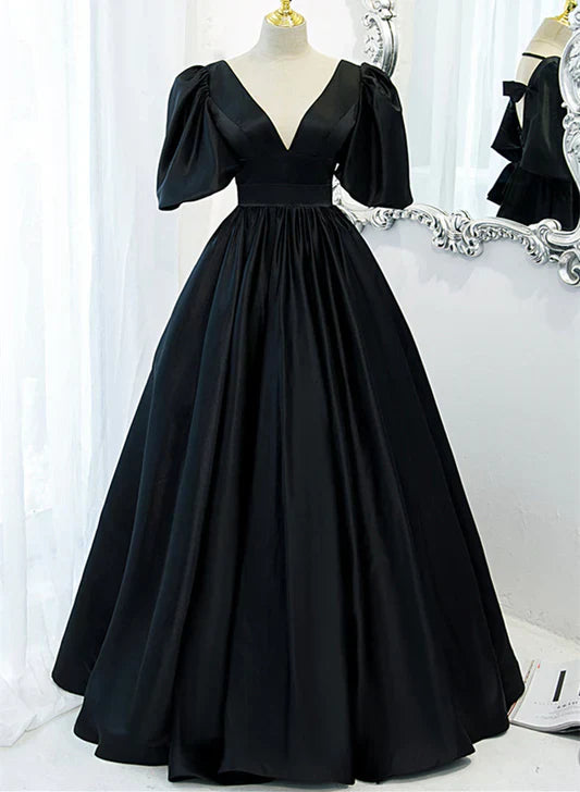 Black Satin Deep V-neckline Long Formal Dress Evening Dress Prom Dress With Bow(s)
