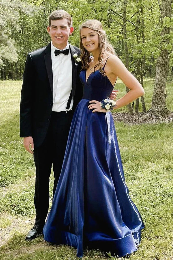 SSR1640,Simple Blue V Neck Satin Long Prom Dress Blue Formal Dress