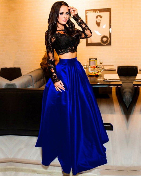 SSR0523,Two pieces prom dress black lace top evening dress long satin royal blue skirt