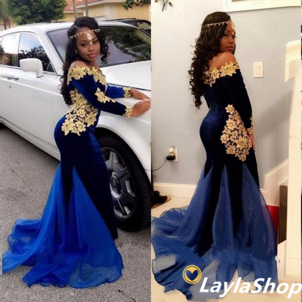 SSR0097,2021 Mermaid Royal Blue and Gold Appliques Velvet Long Sleeves Off Shoulder South African Long Prom Dress
