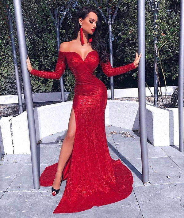 SSR0178,Off the shoulder long prom dress red sequin bodycon evening dresses