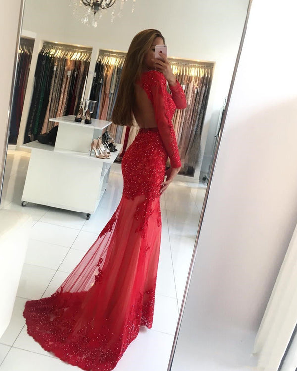 SSR0101,Charming Prom Dress, Long Sleeve Lace Mermaid Prom Dresses
