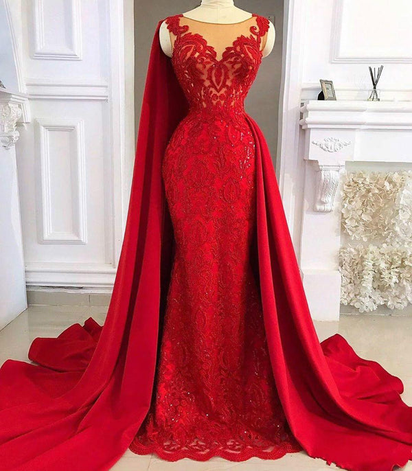 SSR0640,Red mermaid long prom dresses applique lace evening dress