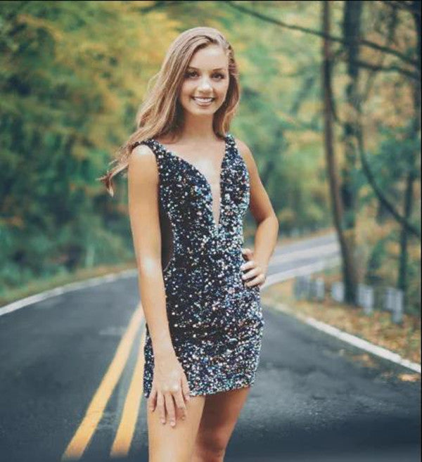 SSR1070,Sexy homecoming dresses v-neck sequin mini prom dress