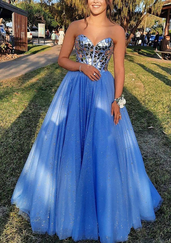 Sweetheart Blue Tulle Ball Gown Sleeveless Prom Dress