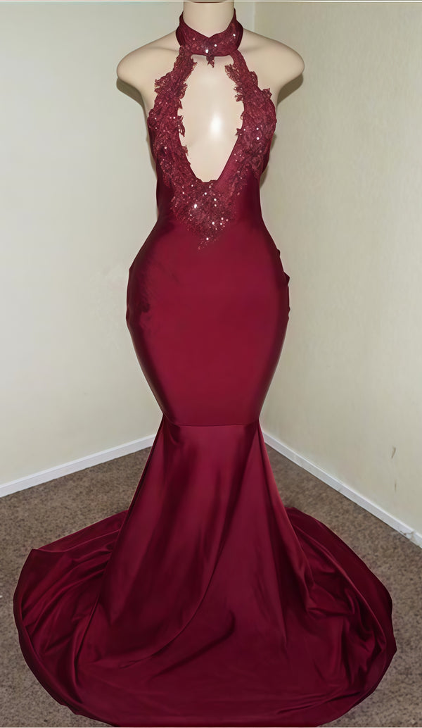 Sleeveless Appliques High-neck V-neck Mermaid Prom Dresses,SSR1164