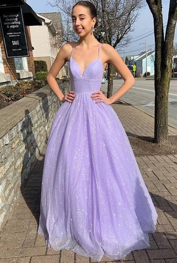 SSR0916,Lavender V-neck Sparkly Long Prom Dresses,Winter Formal Dresses