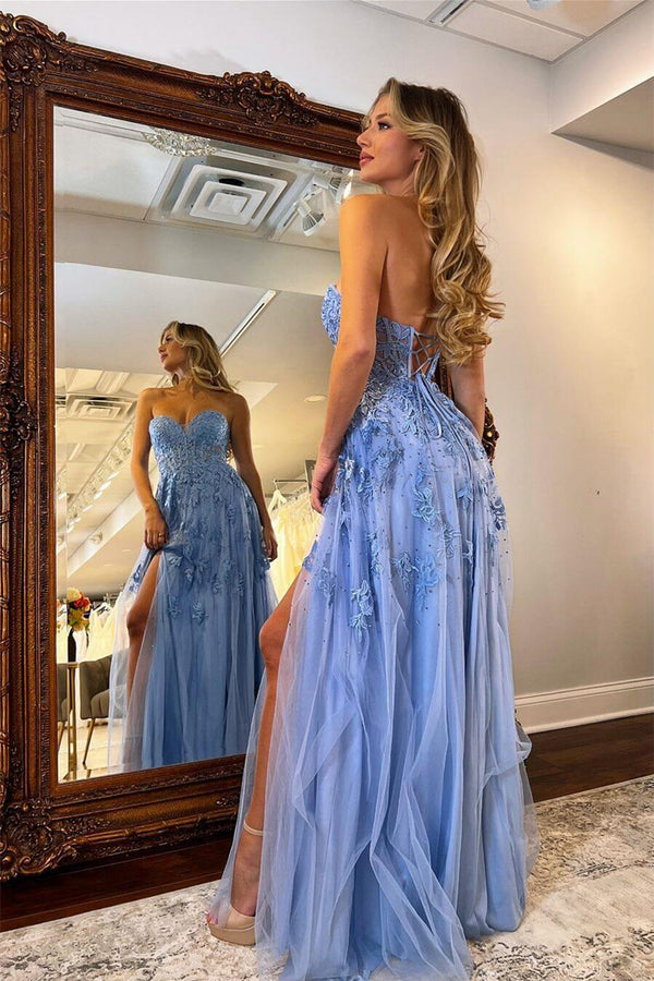 Sweetheart Blue Lace Appliques Long Formal Dress