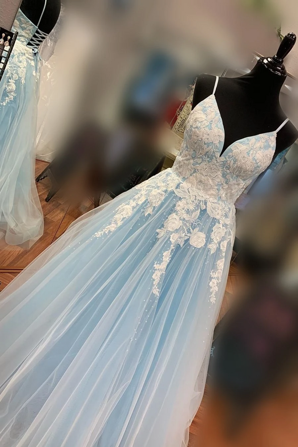SSR0054,Spaghetti straps tulle prom dress,applique v neck long evening dress