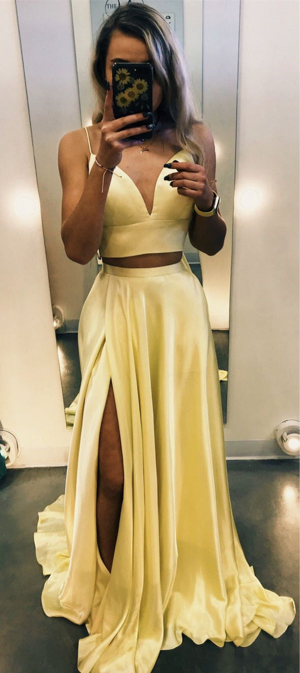 SSR0778,Two pieces prom dresses,yellow satin evening dress,a-line formal gown