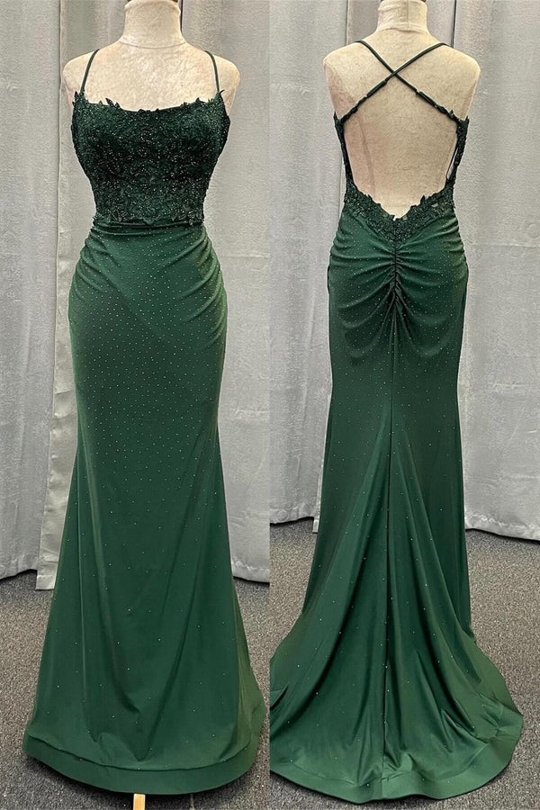 Dark Green Appliques Beaded Mermaid Long Formal Dress