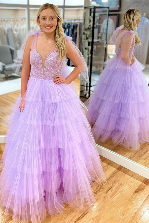 Straps Lavender Appliques Tulle Long Party Dress