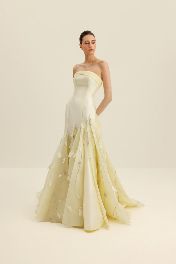 Light Yellow Strapless Mermaid Prom Dress With Feathers ssr0657