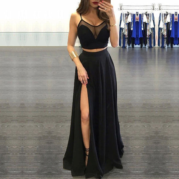 SSR0314,Black Two Pieces Prom Dresses Spaghetti Straps Long Evening Dresses