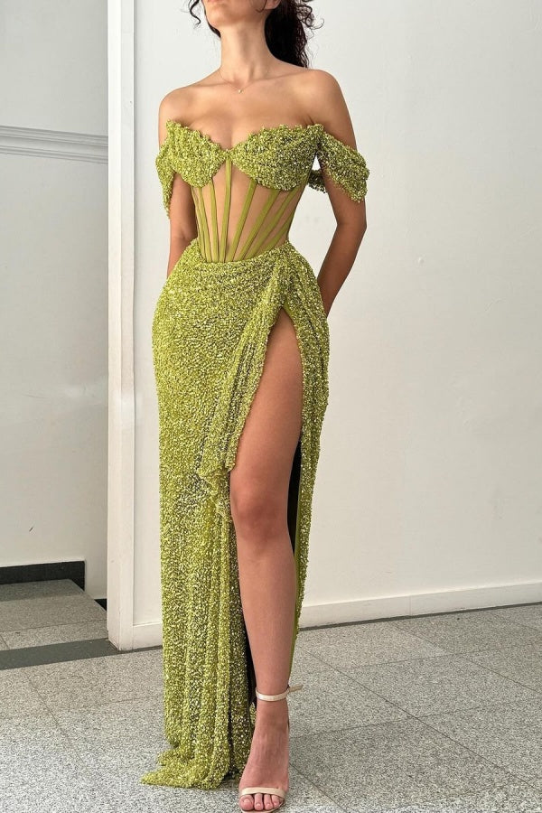 Exquisite Green Off-The-Shoulder Prom Dress With Thigh-High Split  ssr0159