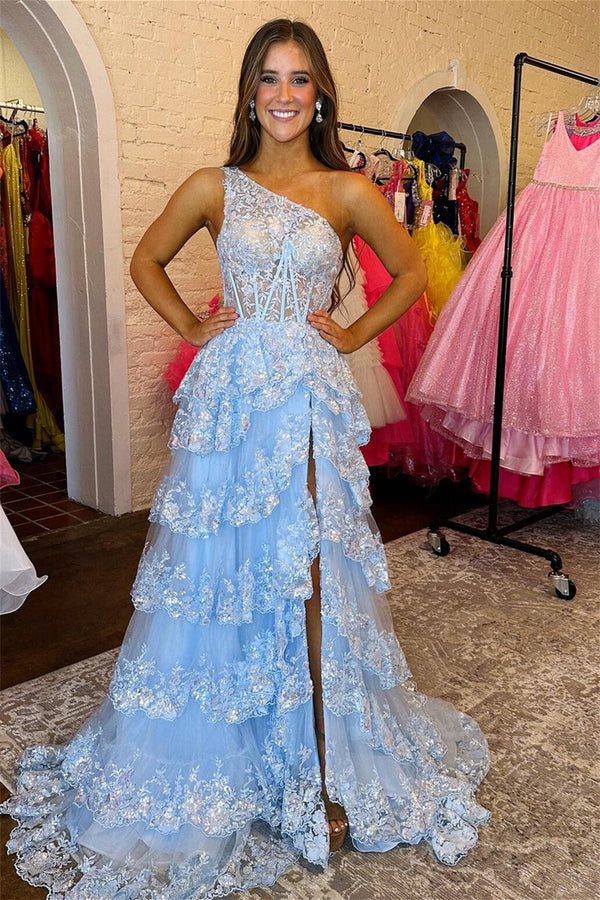 One Shoulder Light Blue Appliques Ruffle Formal Dress