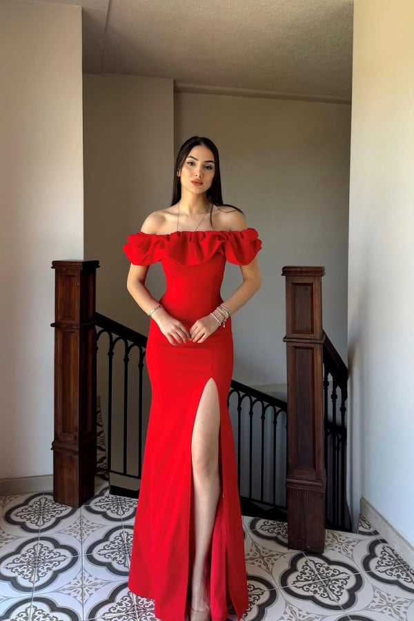 Red Split Ruffles Off-The-Shoulder Prom Dress ssr0450