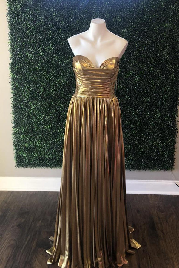 Strapless Gold Ruched A-line Long Formal Dress