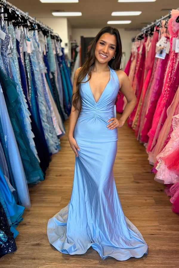 Light Blue Halter Ruched Ruffle Dress