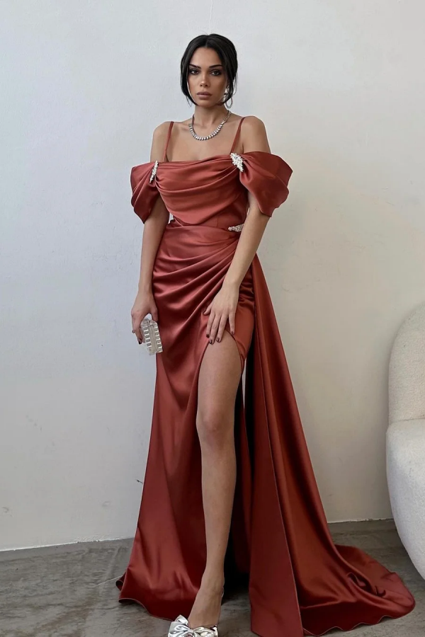 Spaghetti-Straps Off-The-Shoulder Long Split Prom Dress ssr0239