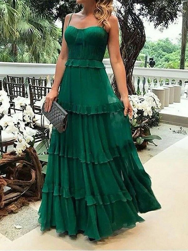 SSR0747,Green chiffon spaghetti straps long prom evening dresses