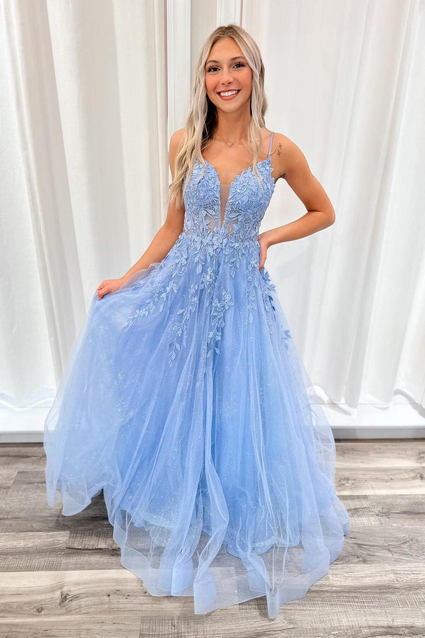 Blue Straps Lace Appliques A-line Long Formal Dress