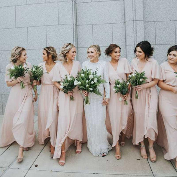 SSR1092,Light pink chiffon v-neck bridesmaid dresses cheap bridesmaid dress