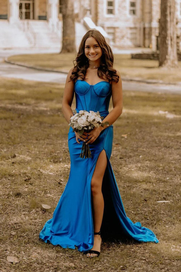 Straps Blue Satin Mermaid Long Formal Dress