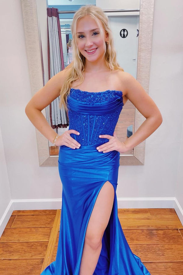 Strapless Royal Blue Appliques Satin Mermaid Long Formal Dress
