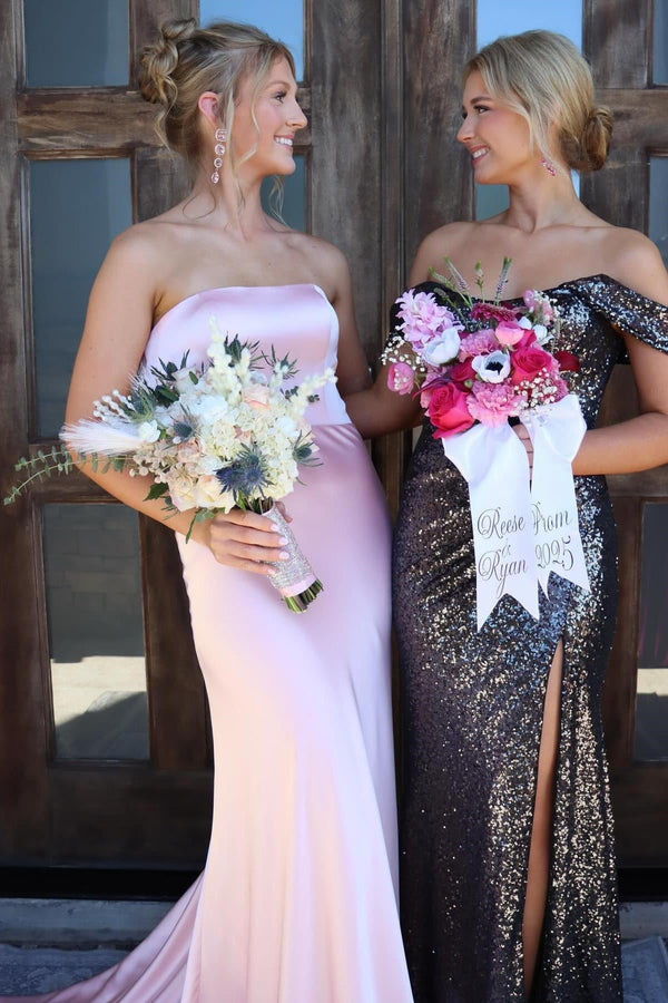 Pink Strapless Fitted Long Prom Dress