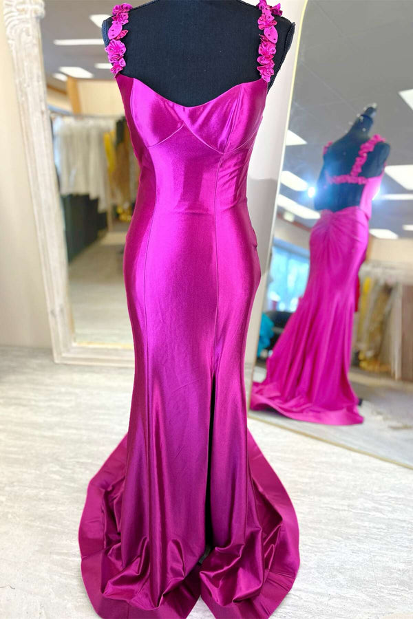 Fuchsia Satin Fitted Long Prom Dress with Slit