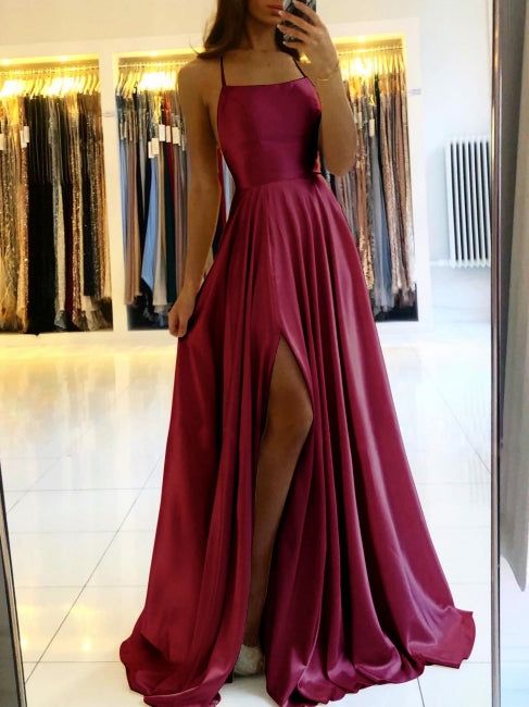 SSR1656,Simple Long Evening Dress Spaghetti Straps Prom Dresses With Slit,Custom Made Formal Gown
