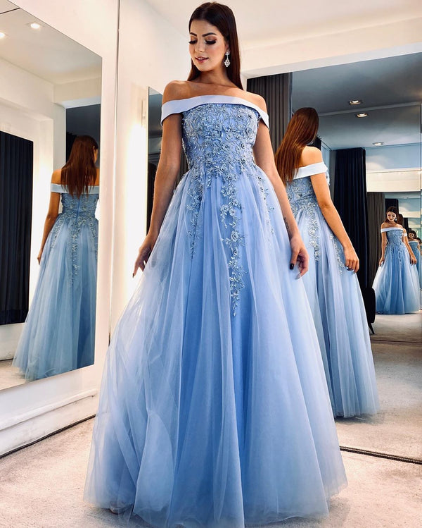 SSR0382,Off the shoulder applique tulle prom dresses beaded long evening dress