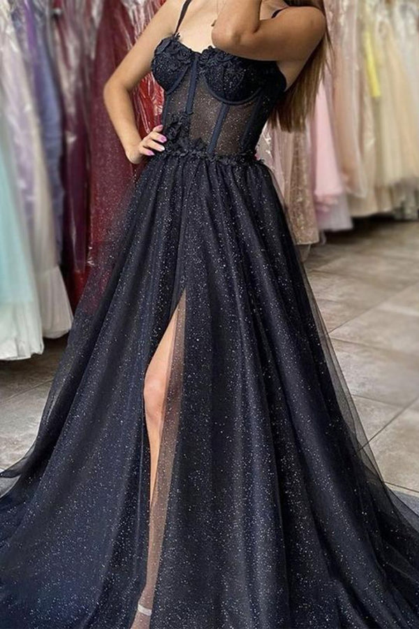 SSR1042,Sparkle black sequin prom dresses,split evening dress