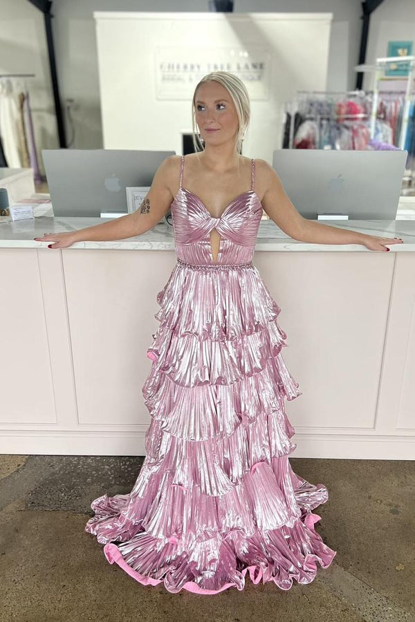 Straps Pink Metallic Pleated A-line Ruffle Long Formal Dress