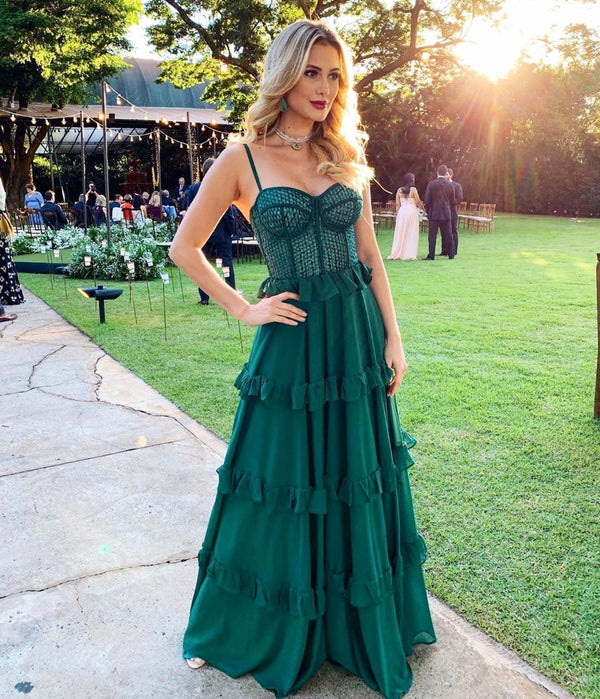 SSR0895,Green Ruffles Prom Dresses Spaghetti Straps Corset for Party,Chiffon Sheath Sweetheart Long Evening Prom Dresses