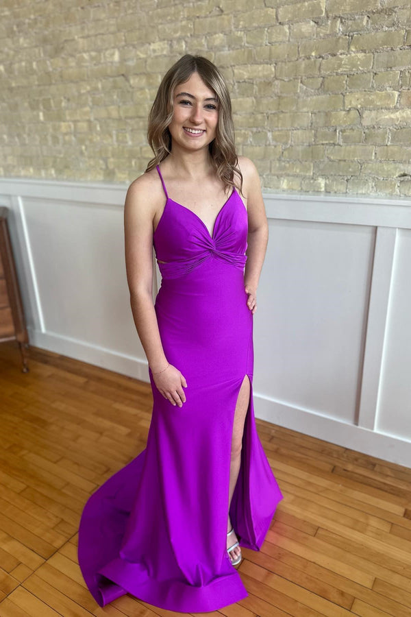 Purple Spaghetti Strap Ruched Mermaid Dress