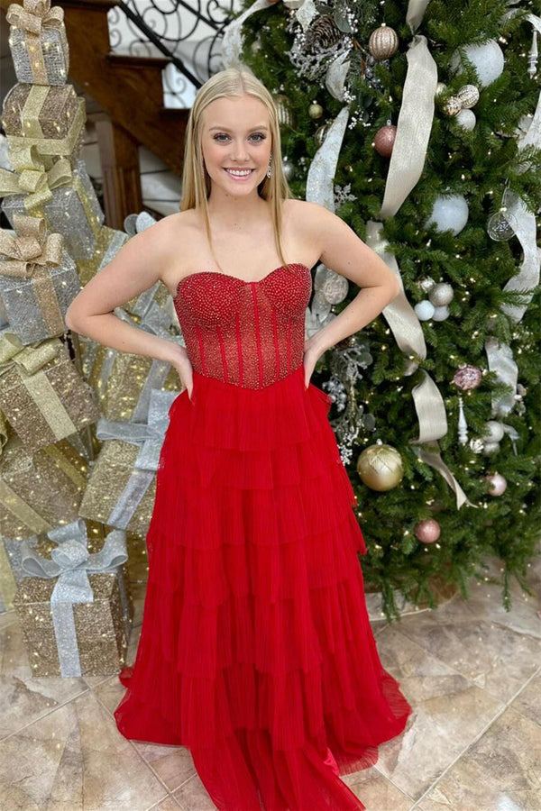 Beaded Red Sweetheart Tulle Ruffles Long Formal Dress