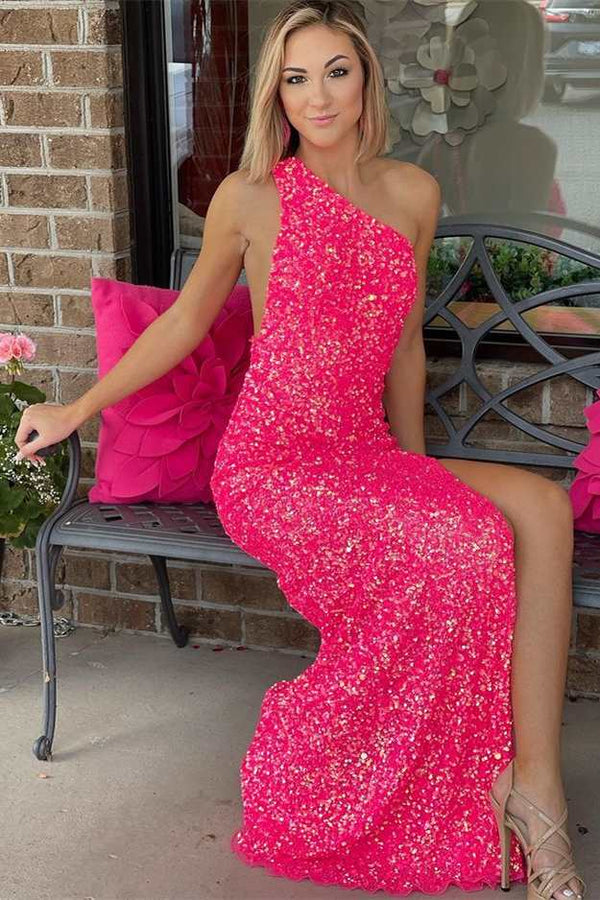 SSR1321,Neon Pink Sequins One-Shoulder Backless Long Formal Dress