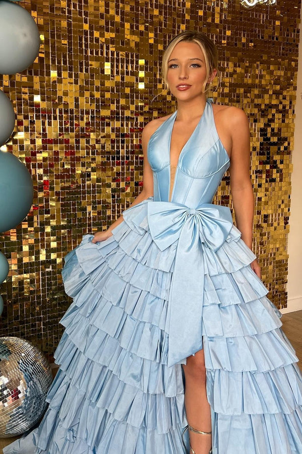 Halter Light Blue Satin Ruffle Long Formal Dress