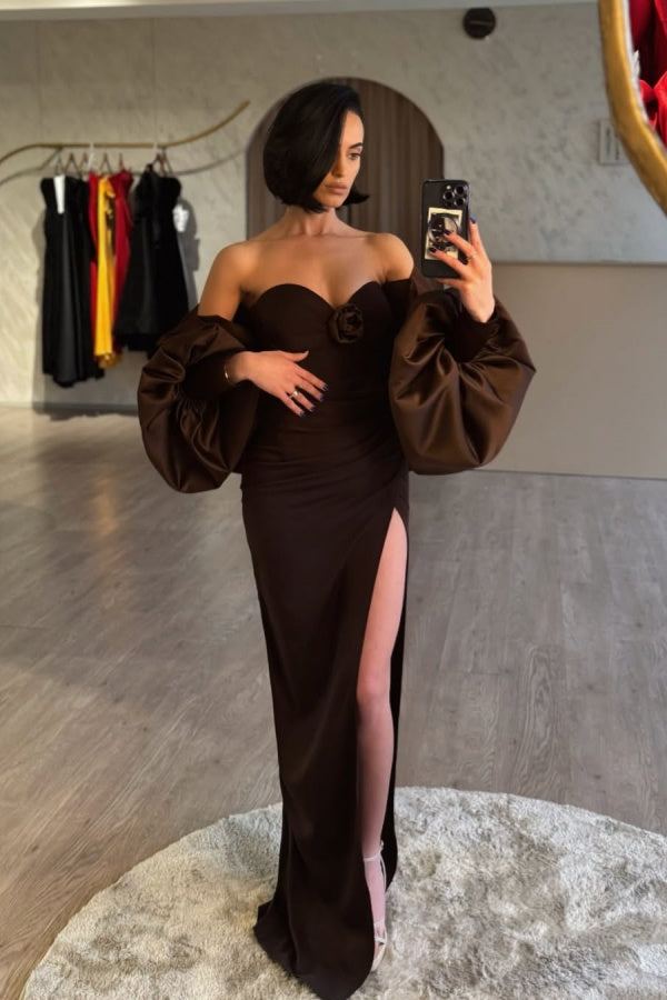 Chocolate Sweetheart Split Prom Dress With Puff Sleeves ssr0582