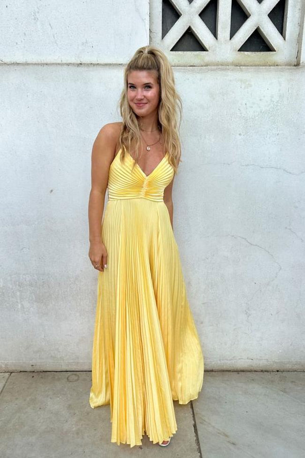 V Neck Yellow Pleated A-line Long Party Dress