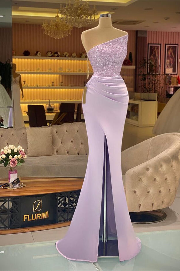 Light Purple Sleeveless Strapless Sequins Mermaid Prom Dress Long With Slit ED0464