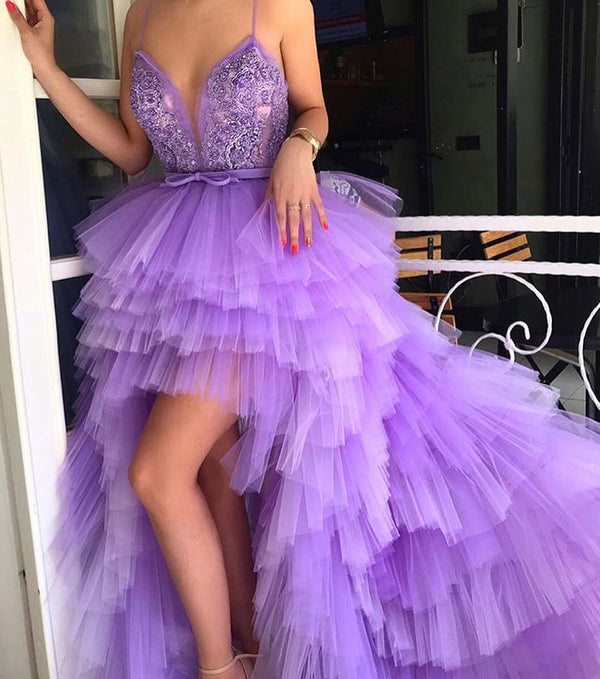 SSR0666,Spaghetti straps purple tulle prom dresses applique beaded v-neck long evening party dress