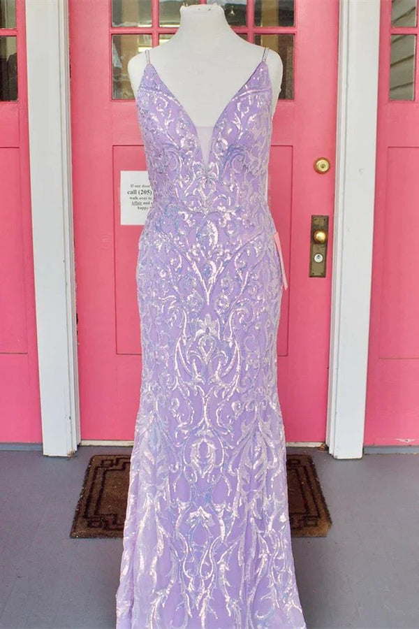 SSR1319,Dusty Purple Sequined Jacquard V-Neck Long Formal Dress