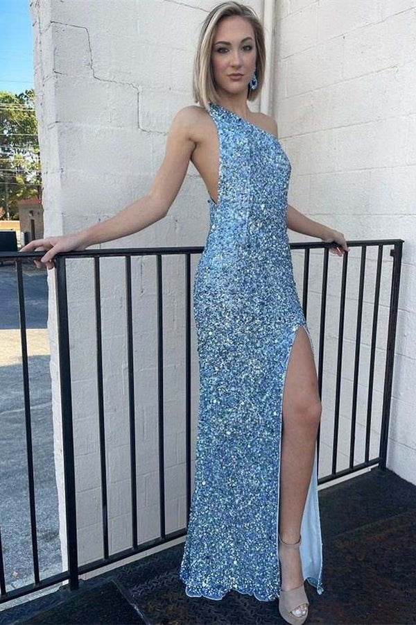 SSR1320,Sky Blue Sequin One-Shoulder Backless Long Prom Dress