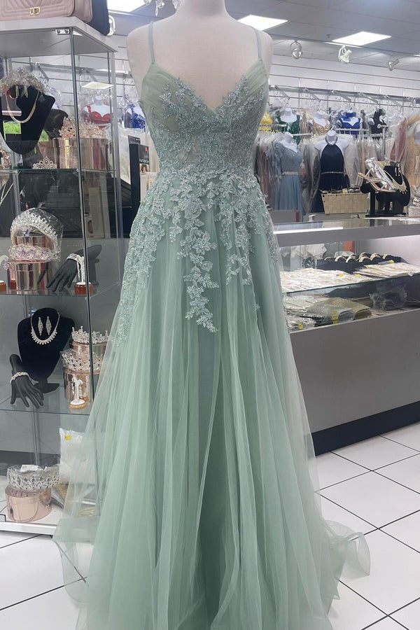 Straps Sage Green Appliques Tulle Long Formal Dress
