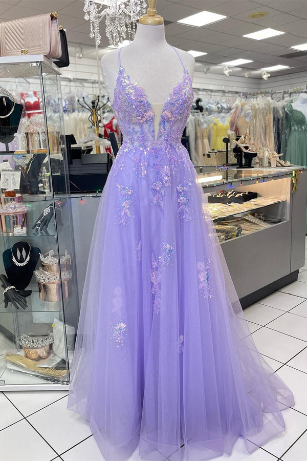 Straps Lavender Sequin Appliques A-line Formal Dress
