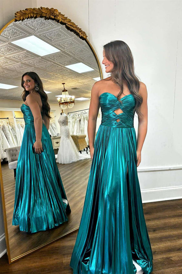 Sweetheart Blue Metallic Pleated Long Formal Dress